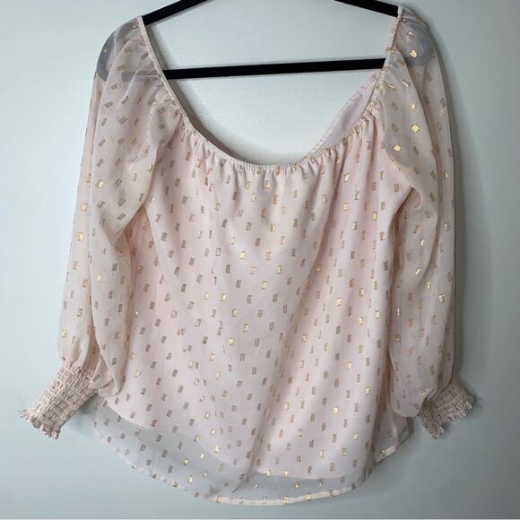 Nordstrom WAYF Pink Off-the-shoulder pink gold bow puff sleeve chiffon top Large - Picture 9 of 15